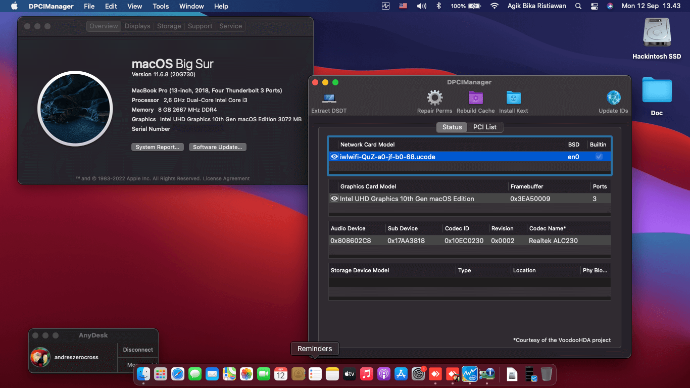 Success Hackintosh macOS Big Sur 11.6.8 Build 20G730 in Lenovo IdeaPad Slim 3 14IML05